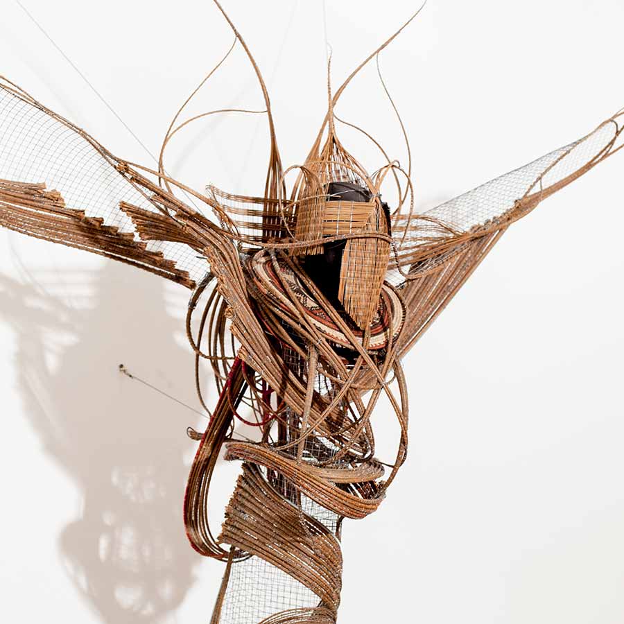 <strong>Adejoke Tugbiyele</strong>, <em>Flight To Revelation</em>, 2011.
Palm stems, steel wire, trivet and
mannequin head, 183 x 152 x 82 cm.