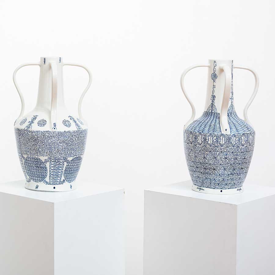 <strong>Rachid Koraïchi</strong>, from the series <em>Lachrymatoires Bleues - Blue Lachrymatory Vases</em>, 2020. Ceramic with cobalt oxide glaze, 51 x 32 x 32 cm each