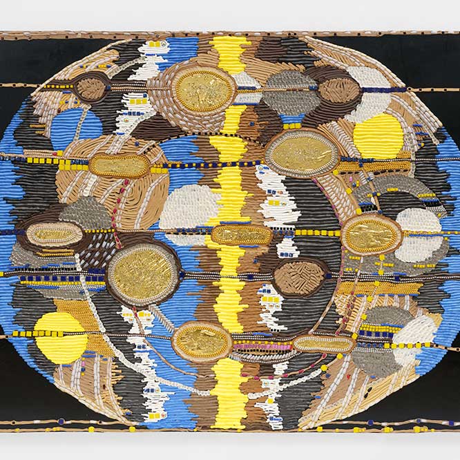 <strong>Theresa Weber</strong>,
<em>Stream Of Consciousness</em> (detail), 2024.<br>Silicone, foam clay, acrylic paste, varnish, beads, acrylic nails, mosaic stones, on wood board,
200 x 160 cm.





