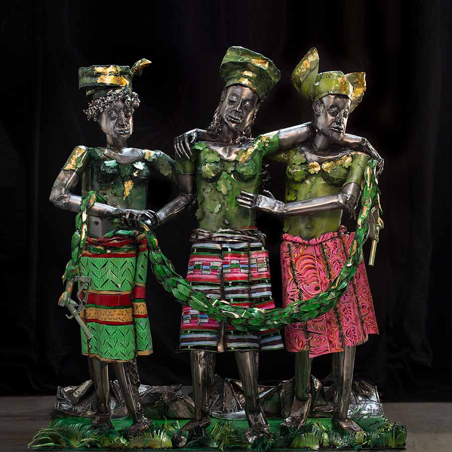 <strong>Sokari Douglas Camp</strong>, <em>Europe Supported by Africa and America</em> (detail), 2015. <br>Steel, abalone, copper gold and copperleaf and petrol nozzles, 200 x 181 x 93 cm.