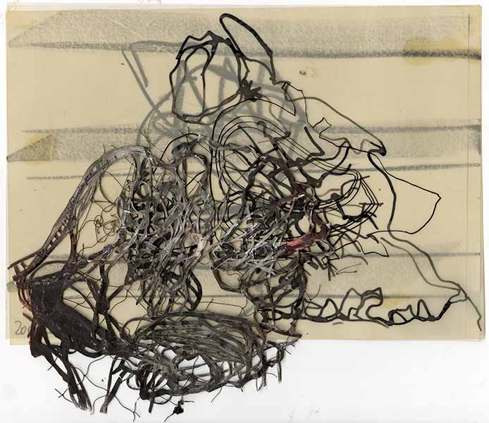 Susanne Kessler, 014 - layered from 2007 onwards: 4 layers (detail), 2017 - 2025. Charcoal, ink, printed foil, thread on paper, 21 × 29.5 cm. 