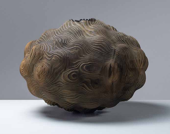 Eleanor Lakelin, Landscape 2 (detail), 2025. Sequoia, iron-stained, 38 x 38 x 28cm. Phot: Evan Mason