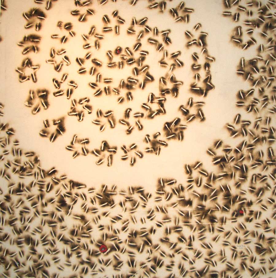 Sandile Zulu, Galaxy 5, 2005. Fire, water, air and earth on canvas, 150 x 150 cm. Sandile Zulu, Galaxy 5, 2005. Fire, water, air and earth on canvas, 150 x 150 cm.
