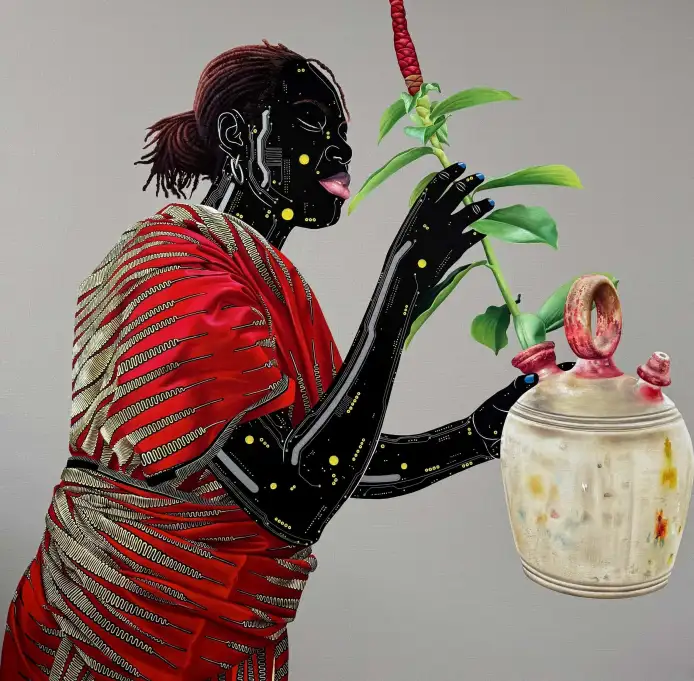 Eddy Kamuanga Ilunga, Gardiennes, 2025.Acrylic and oil on canvas. 120 x 120 cm. Eddy Kamuanga Ilunga, Gardiennes, 2025.Acrylic and oil on canvas. 120 x 120 cm.