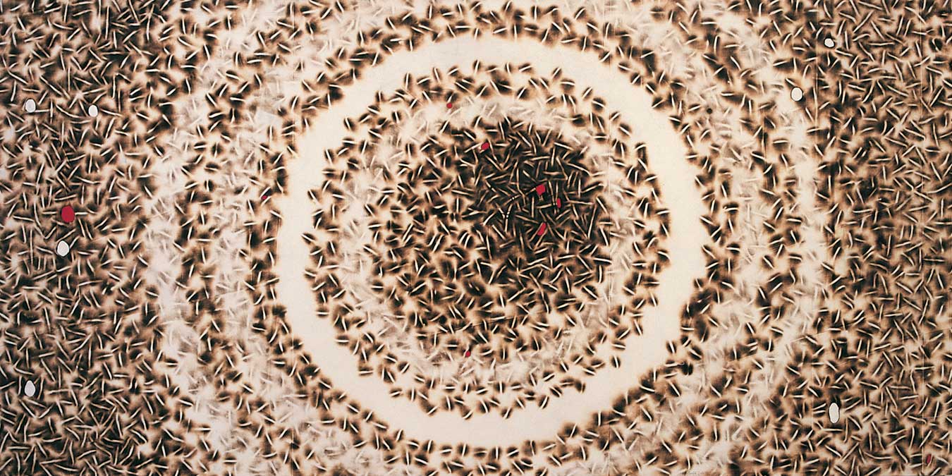 Sandile Zulu, Galaxy 1, 2011. Fire, air, water and earth on canvas, 2005, 149 x 298 cm.