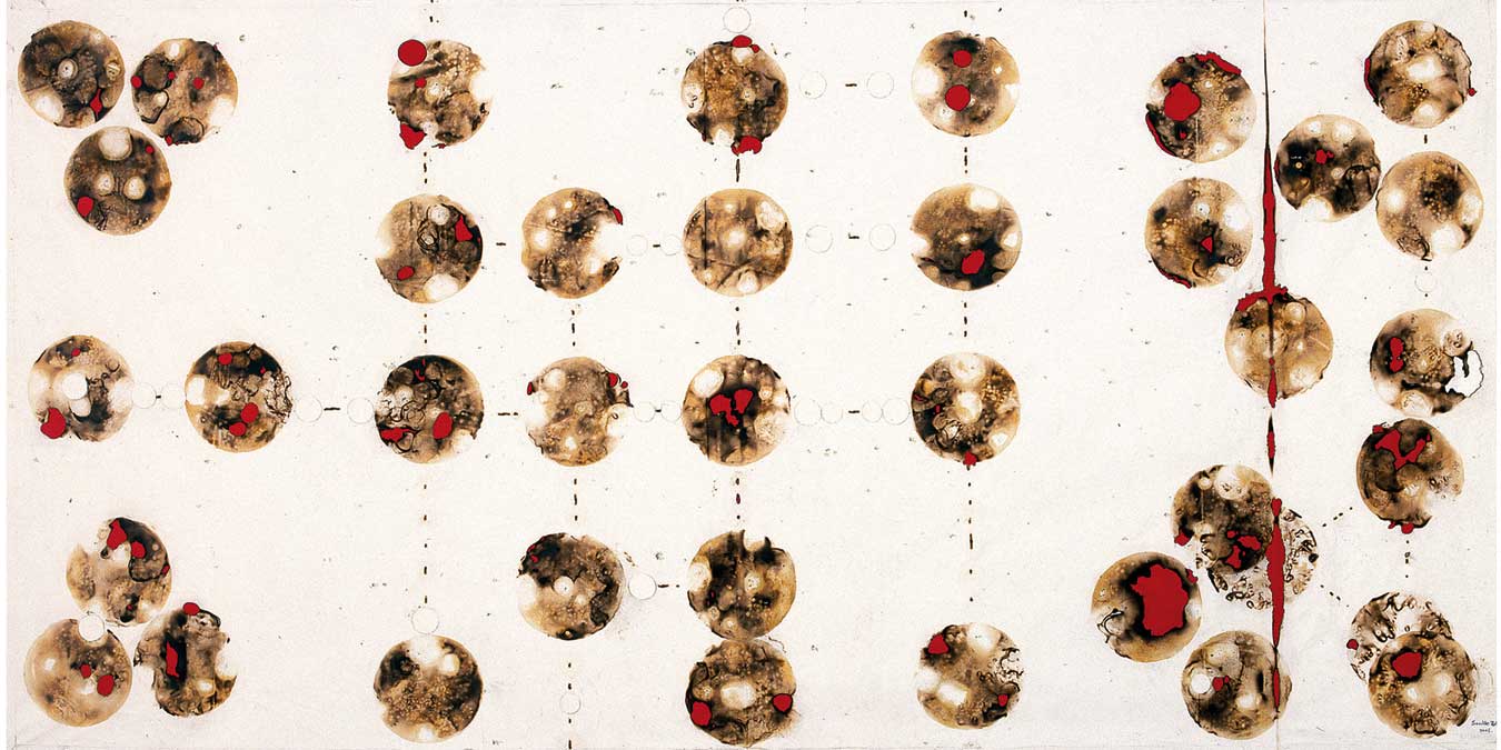 Sandile Zulu, Planetary Conception 5,- Fire, water, air and cotton fabric on canvas, 2005, 149 x 350 cm.