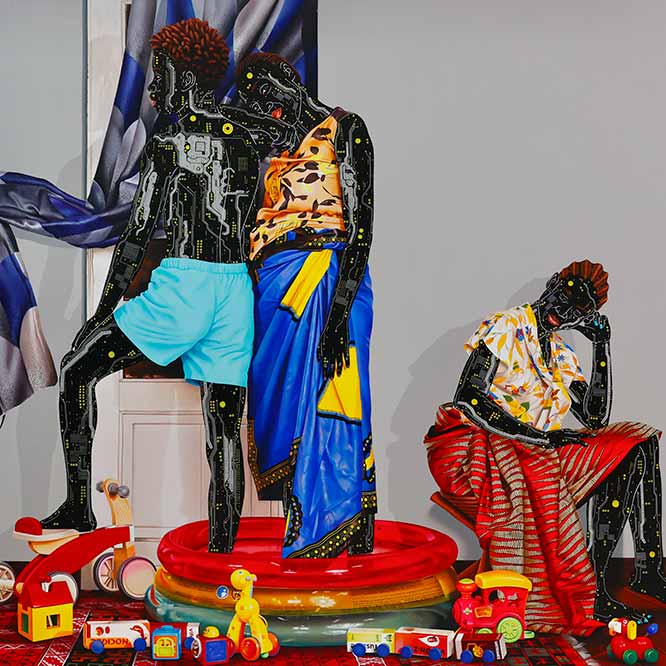 <strong>Eddy Kamuanga Ilunga</strong>, <em>Ces êtres à part (Those Other People)</em> (detail), 2024. <br>Oil and acrylic on canvas, 180 x 207 cm.
