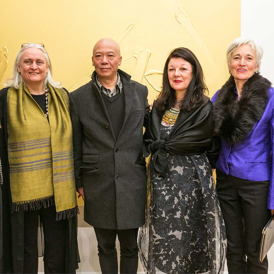 <h2>Pamela Kember (1955 –2021) [fourth from the left]
<br>At the opening of the exhibition, <em>Present Moment</em> at October Gallery, 2019</h2><br>Left to Right: Dee Haughney - Curator, 
Elisabeth Lalouschek - Artistic Director, Xu Zhongmin - Artist, Pamela Kember, Chili Hawes - Director