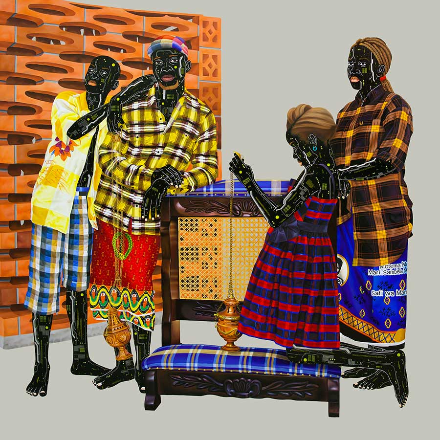 <strong>Eddy Kamuanga Ilunga</strong>, <em>L’équilibre moral (Moral Balance)</em>, 2021.<br>
Oil and acrylic on canvas, 200 x 220 cm.