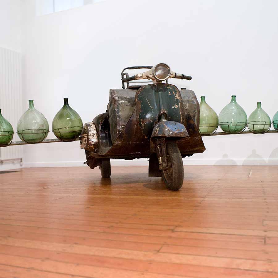 <strong>Romuald Hazoumè</strong>, <em>Petrol Cargo</em>, 2012. Mixed media installation, 120 x 450 x 180 cm.