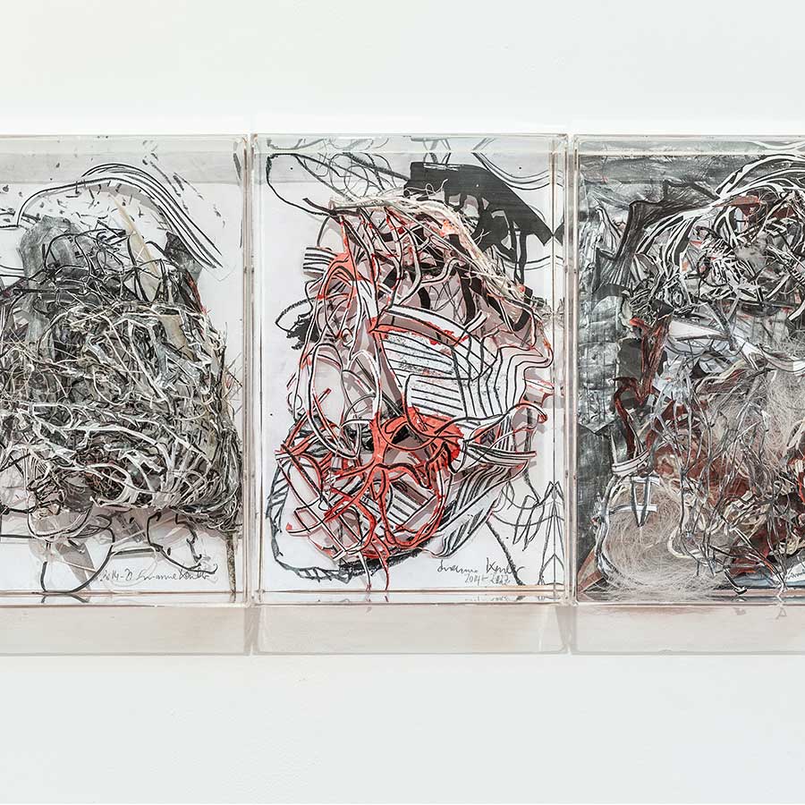 <strong>Susanne Kessler</strong>, <em>Triptych Synaptic Drawing</em>, 2014. Mixed media, paper, canvas, string, wire, netting, graphite, ink, 37 x 74 cm.