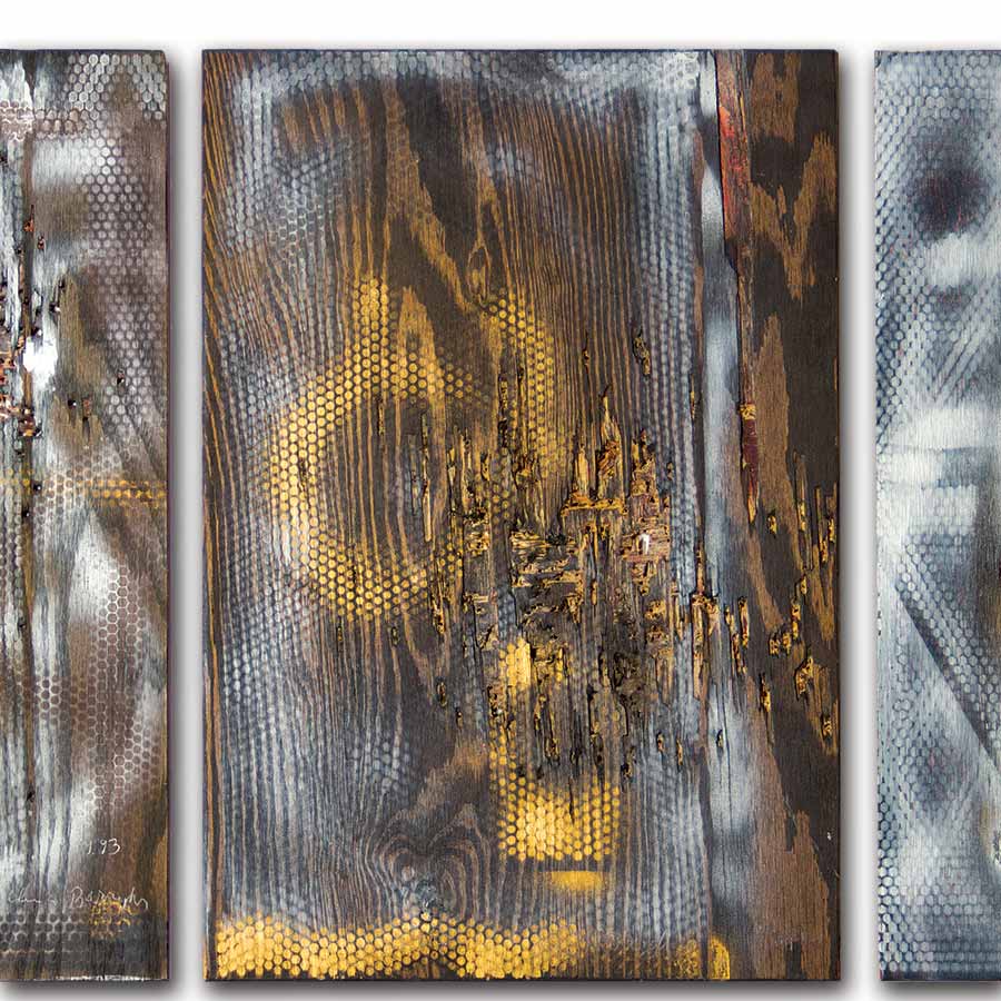 <strong>William S. Burroughs</strong>, <em>Untitled Triptych</em>, 1993.
Spray paint and shotgun blasts on plywood, 57 x 38 cm each.