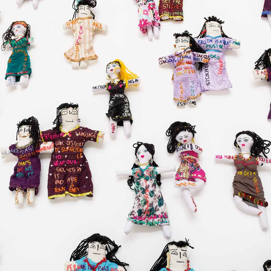 <strong>Sylvie Franquet</strong>, <em>The Wayward Sisters</em> (detail), 2016. Installation of 99 rag dolls commissioned in Egypt, embroidered with wisdoms, poems, thoughts and text messages.