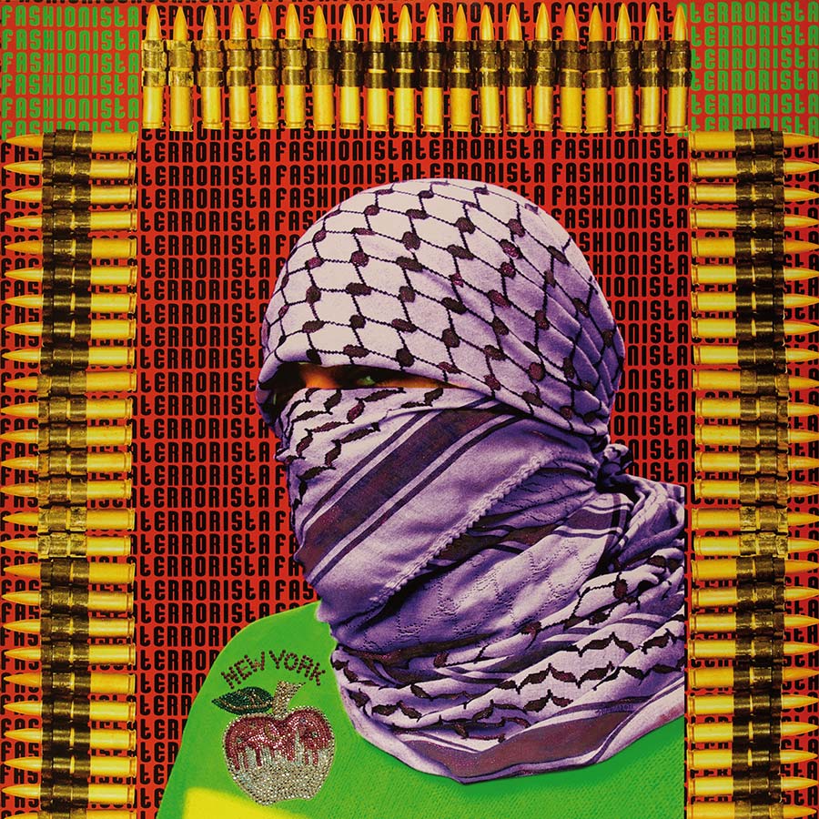 <strong>Laila Shawa</strong>, <em>Fashionista Terrorista II</em>, 2011. Mixed media with Swarovsky beads on canvas, 130 x 100 cm. Ed. of 2. (From <em>The Walls of Gaza III</em> series.)