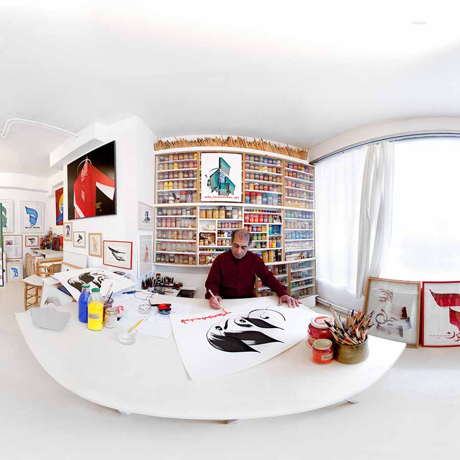 Hassan Massoudy in his Paris studio. Photo &copy; Jonathan Greet 2012